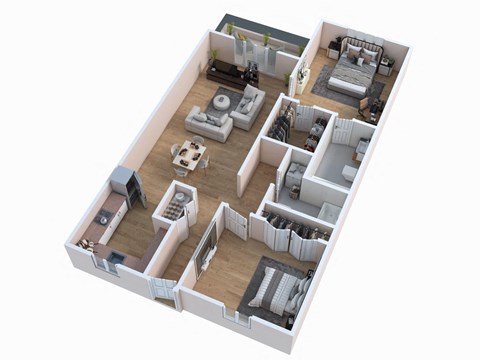 Floor plan for 2 beds, 2 baths, 906 sqft